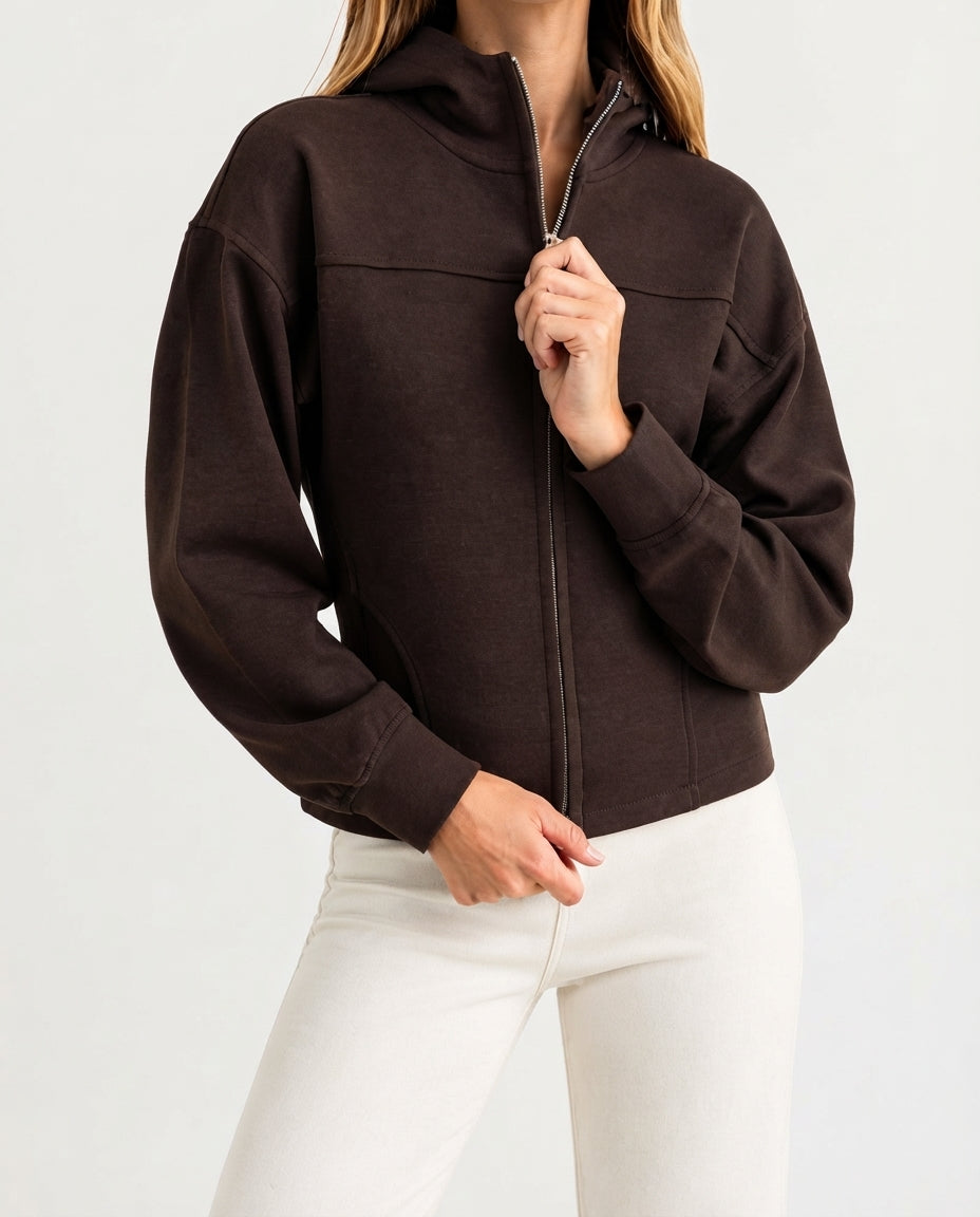 Dark Brown Fitted Hooded Balloon Sleeve Interlock Knit Cardigan/Sweatshirt