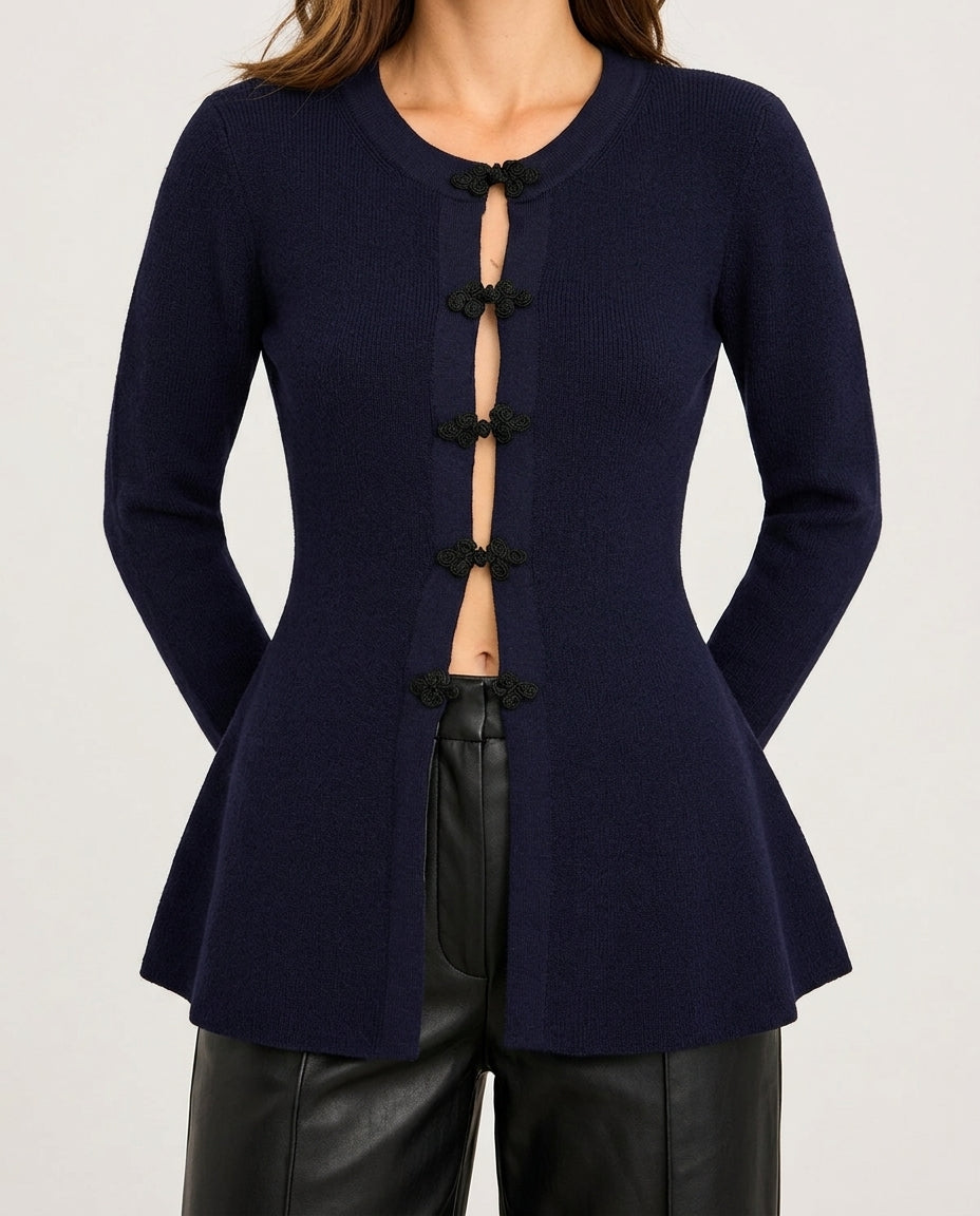 Navy Blue Special Button Peplum Detail Knitted Cardigan