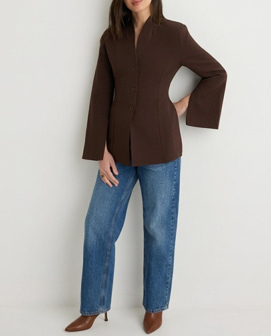 Dark Brown Blazer Jacket with Sleeve Slit Detail