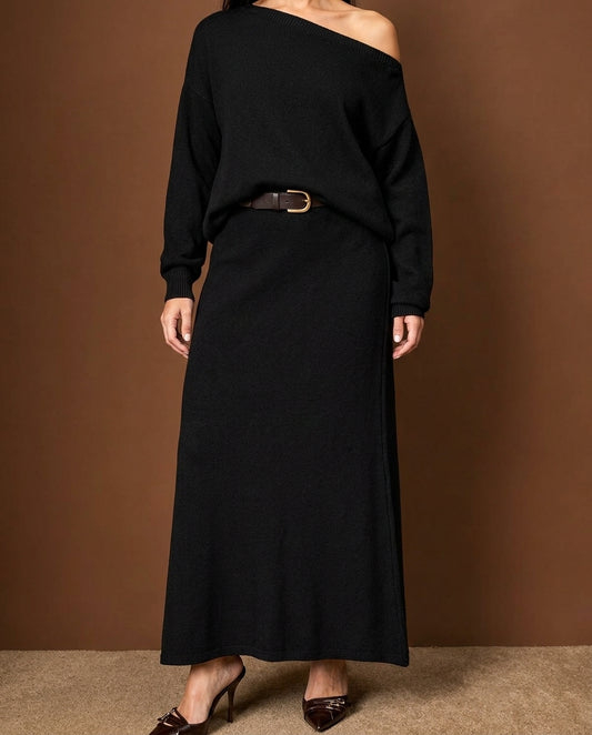 Black Boat Neck Skirted Knit Top and Bottom Set