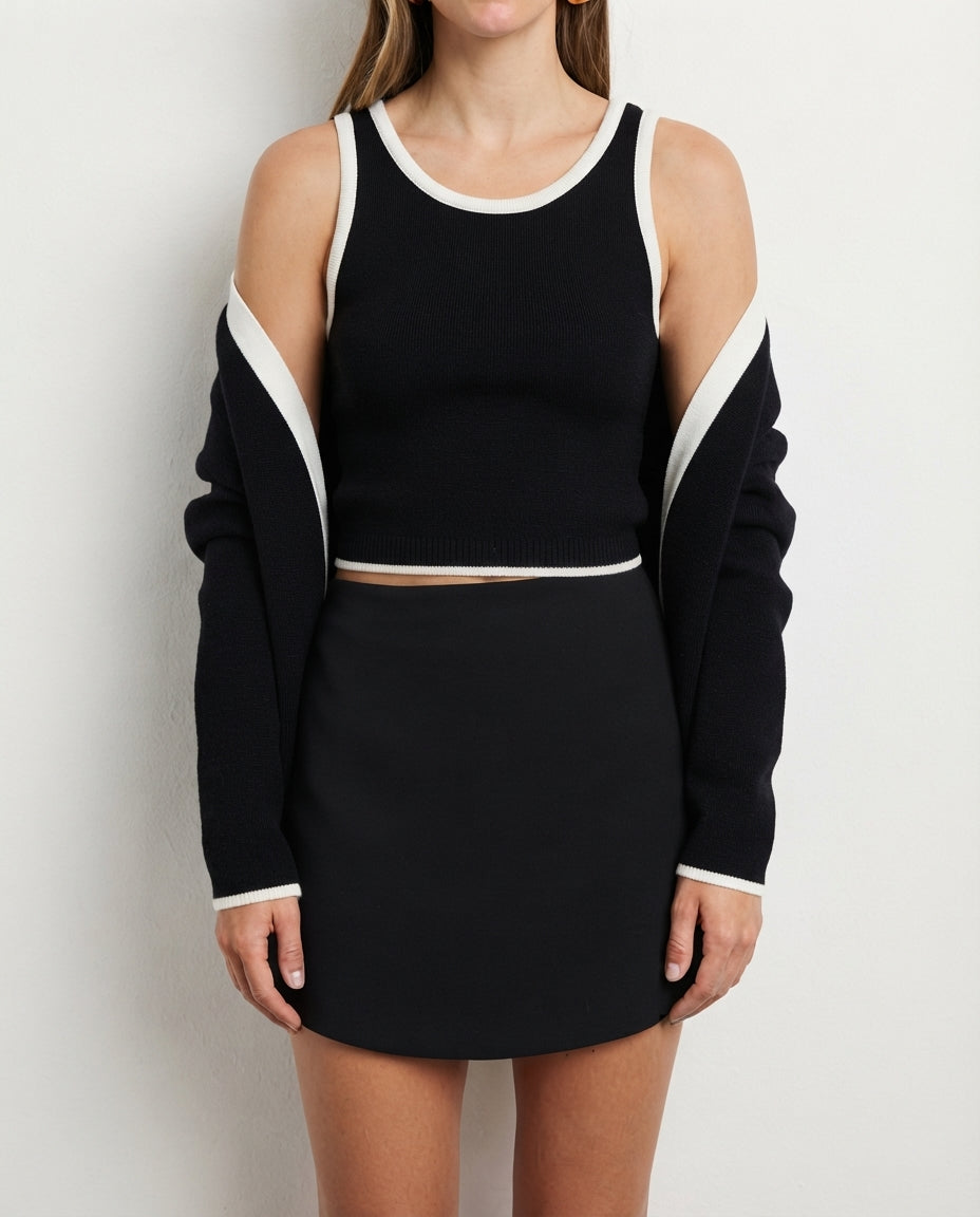 Black Color Block Knit 2-Piece Blouse-Cardigan Set