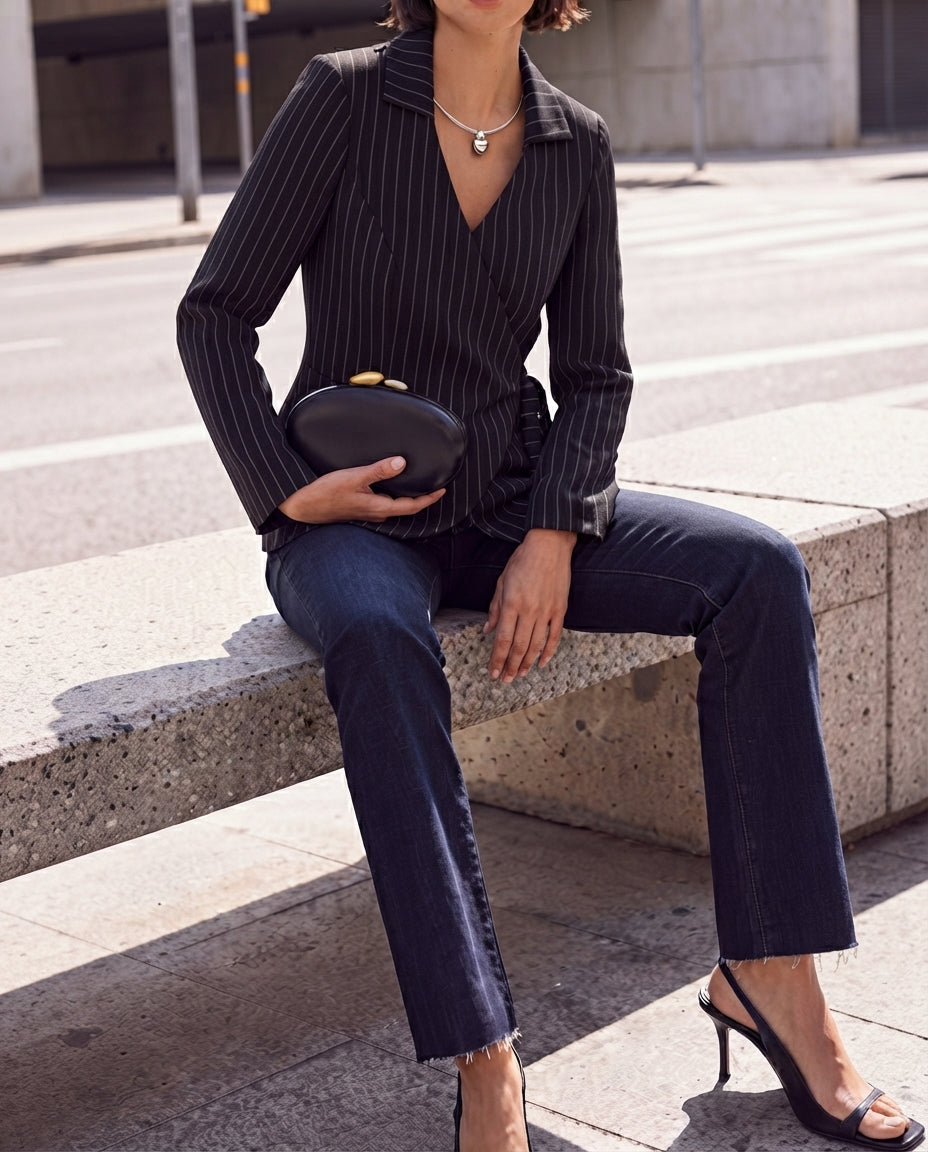 Multicolored Striped Fitted Wrap Standard Long Sleeve Interlock Knit Blouse