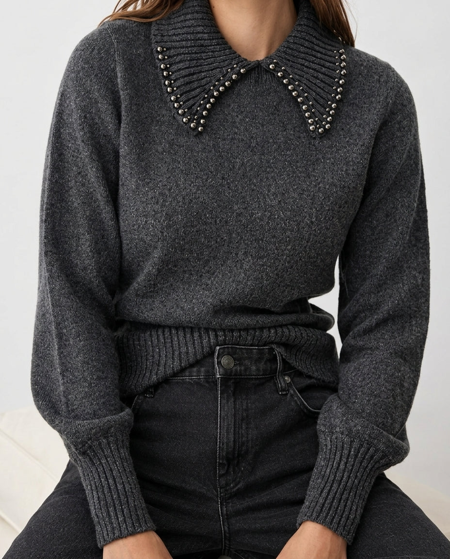 nthracite Soft Textured Polo Collar Knit Sweater with Stone Details