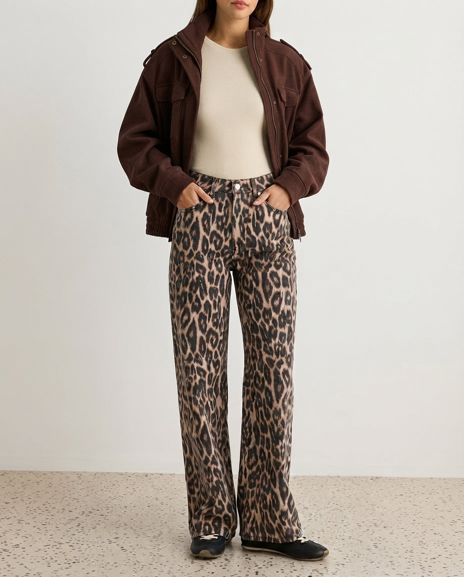 Multicolored Leopard Print High Waist Wide Leg Jeans
