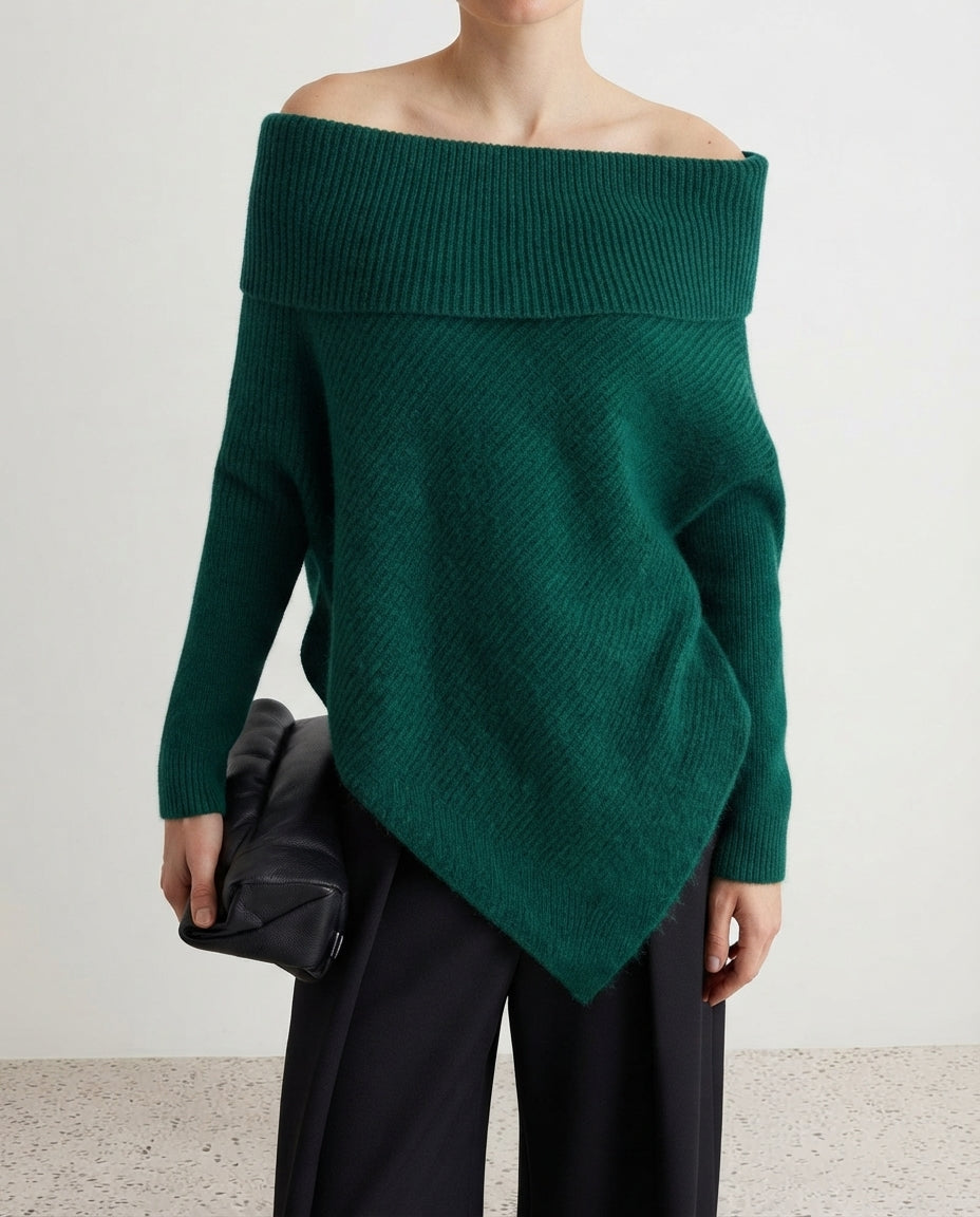 Green Soft Textured Asymmetrical Knit Sweater