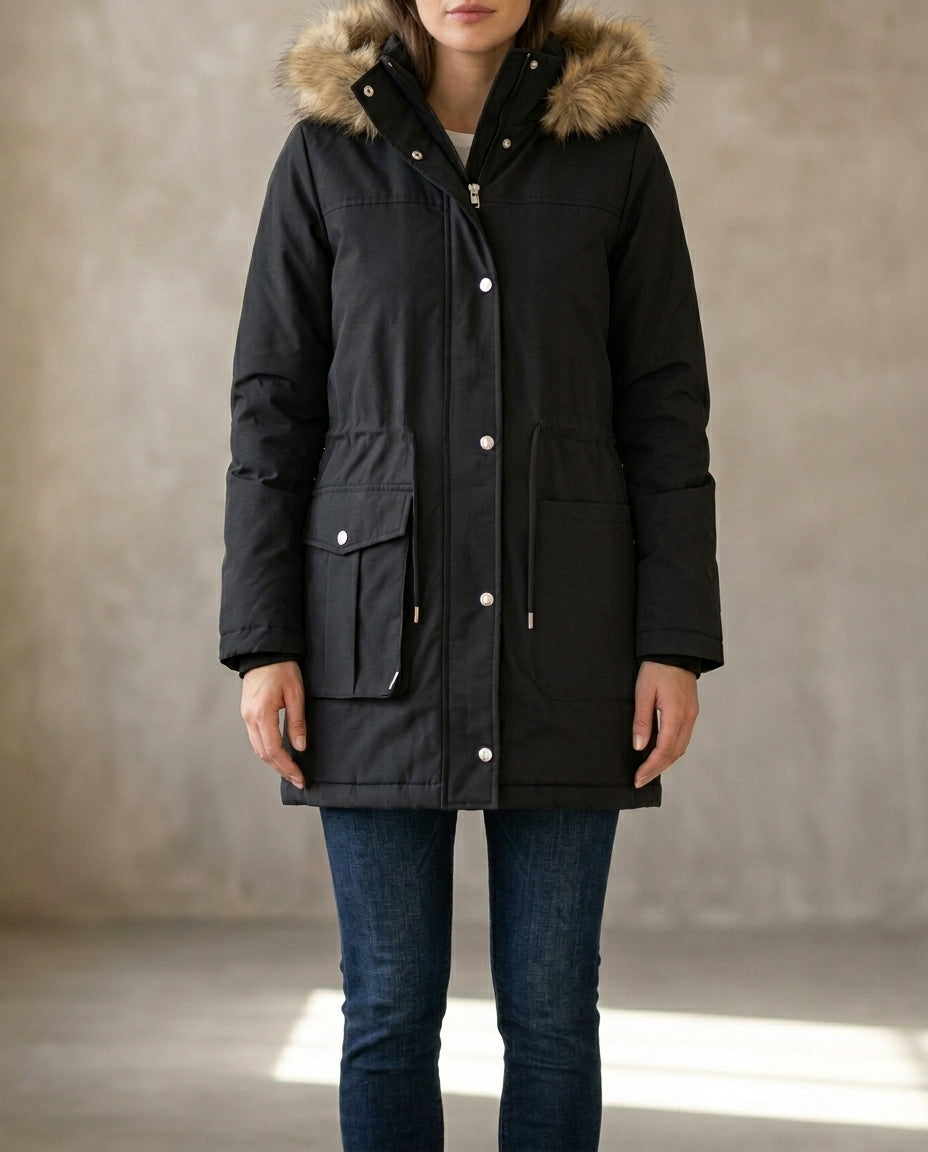 Black jacket with one pocket and a hood