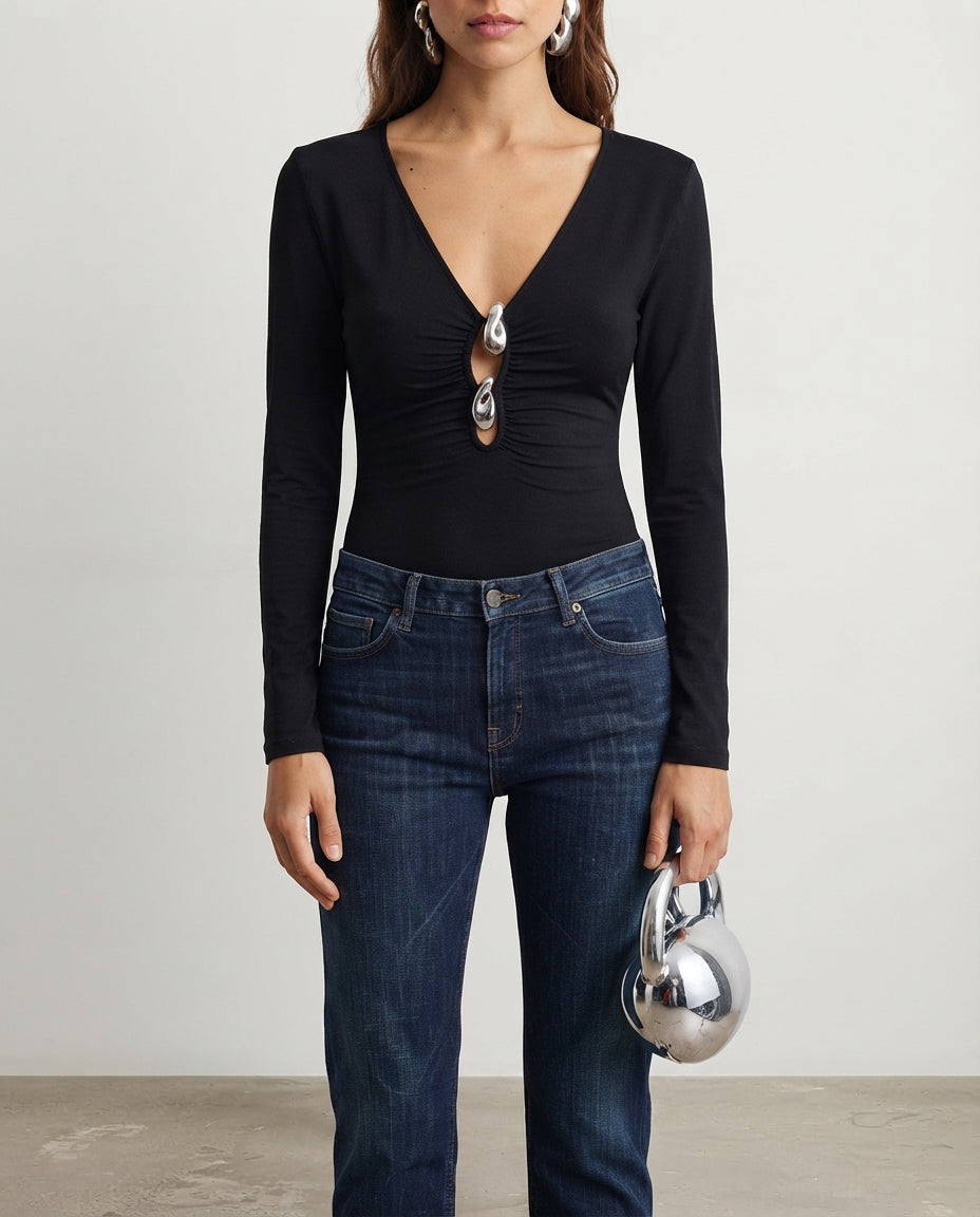 Black Accessory and Neckline Detail Knitted Bodysuit