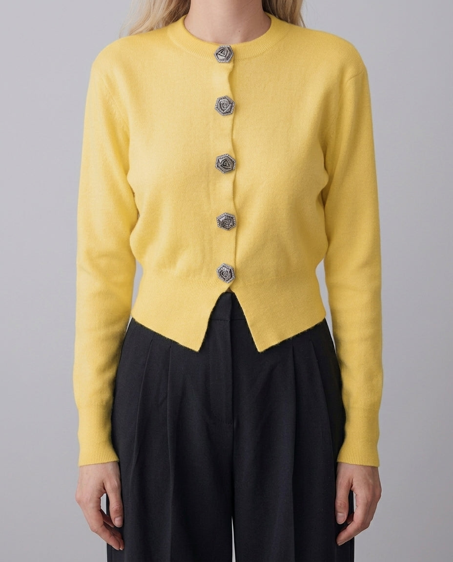 Yellow Premium Yarn/Special Yarn Crop Rose Button Jacket-Look Knit Cardigan
