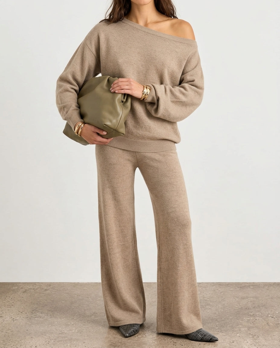 Mink Boat Neck Sweater-Pants Knitwear Set (Top and Bottom)