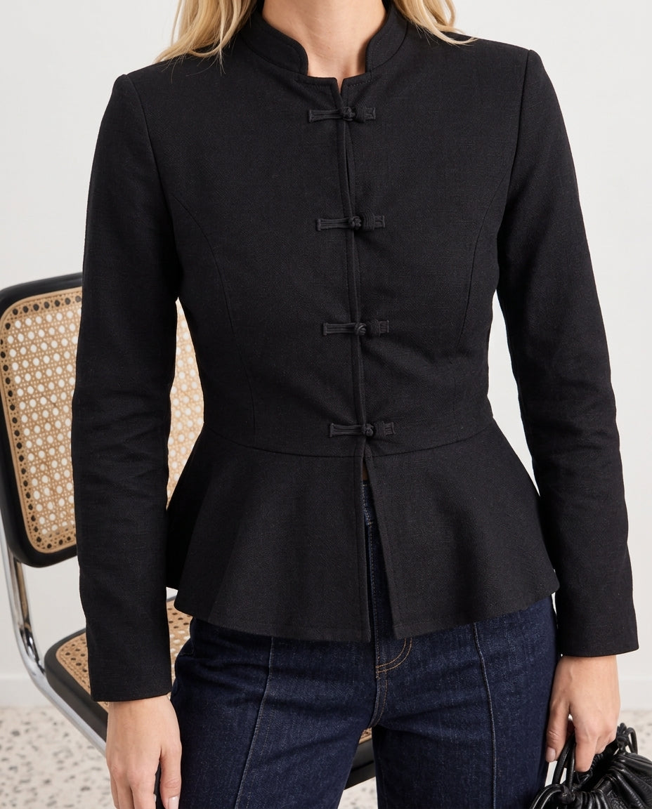 Black Thick Fleece-Lined Button-Detail Stand-Up Collar Peplum Regular Fit Knitted Sweatshirt