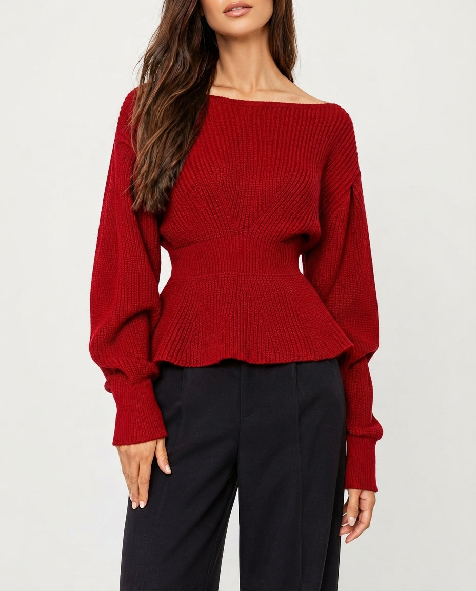 Red Balloon Sleeve Ruffled Crop Knit Sweater
