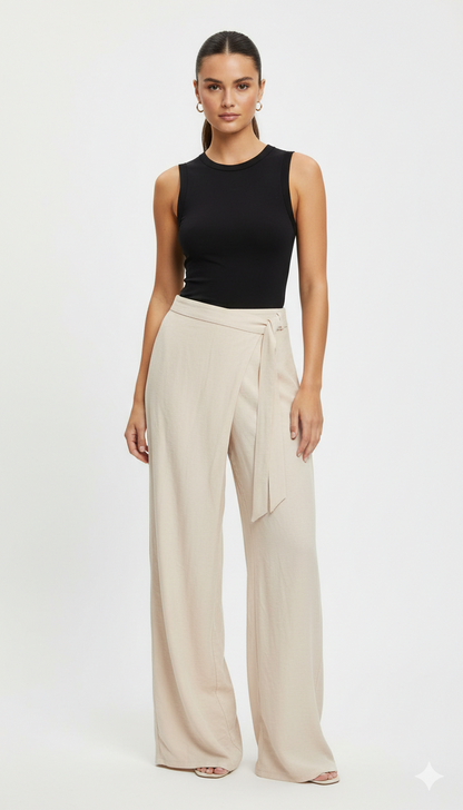 Detailed Beige Wide Pants