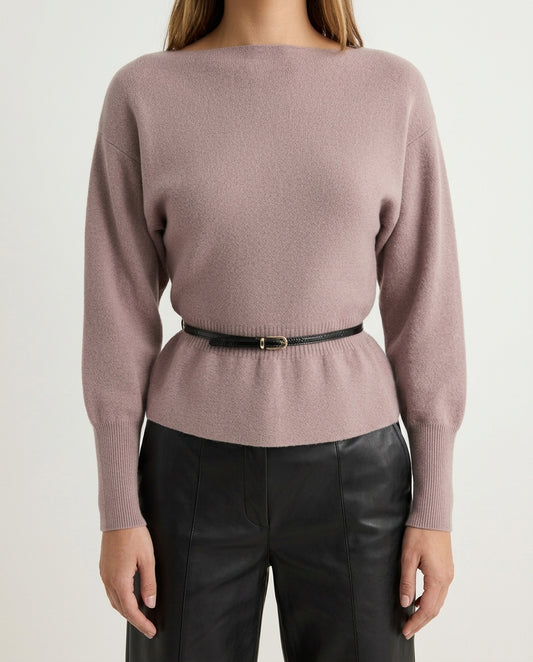 Mink Boat Neck Belt Detail Knit Sweater