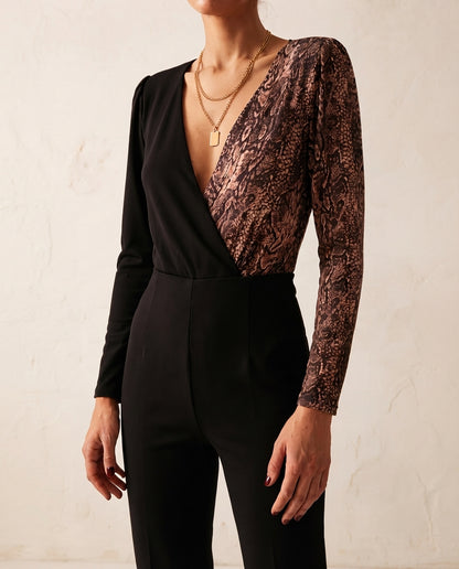 Black Color Block Animal Patterned Double Breasted Collar Flexible Snap Fastener Knitted Body