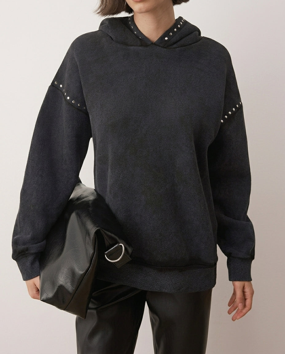 Anthracite Oversize Knitted Sweatshirt with Thick Fleece Lining and Washed Pattern