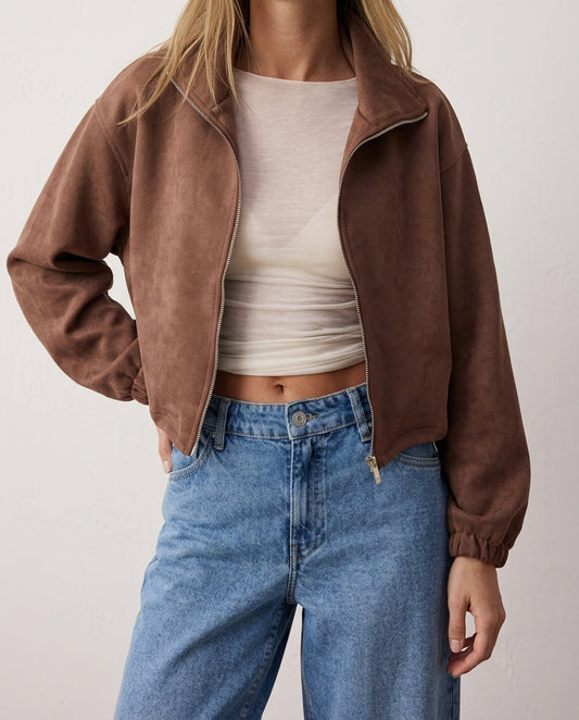 Dark Brown Plain Zippered Unlined Regular Fit Knitted Suede Jacket