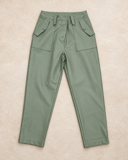 Limited Edition Green Carrot Woven Front Button Faux Leather Trousers