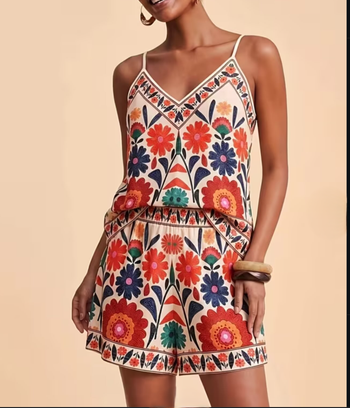 Women's Floral Print Camisole and Shorts Set, Suitable Vacation Wear