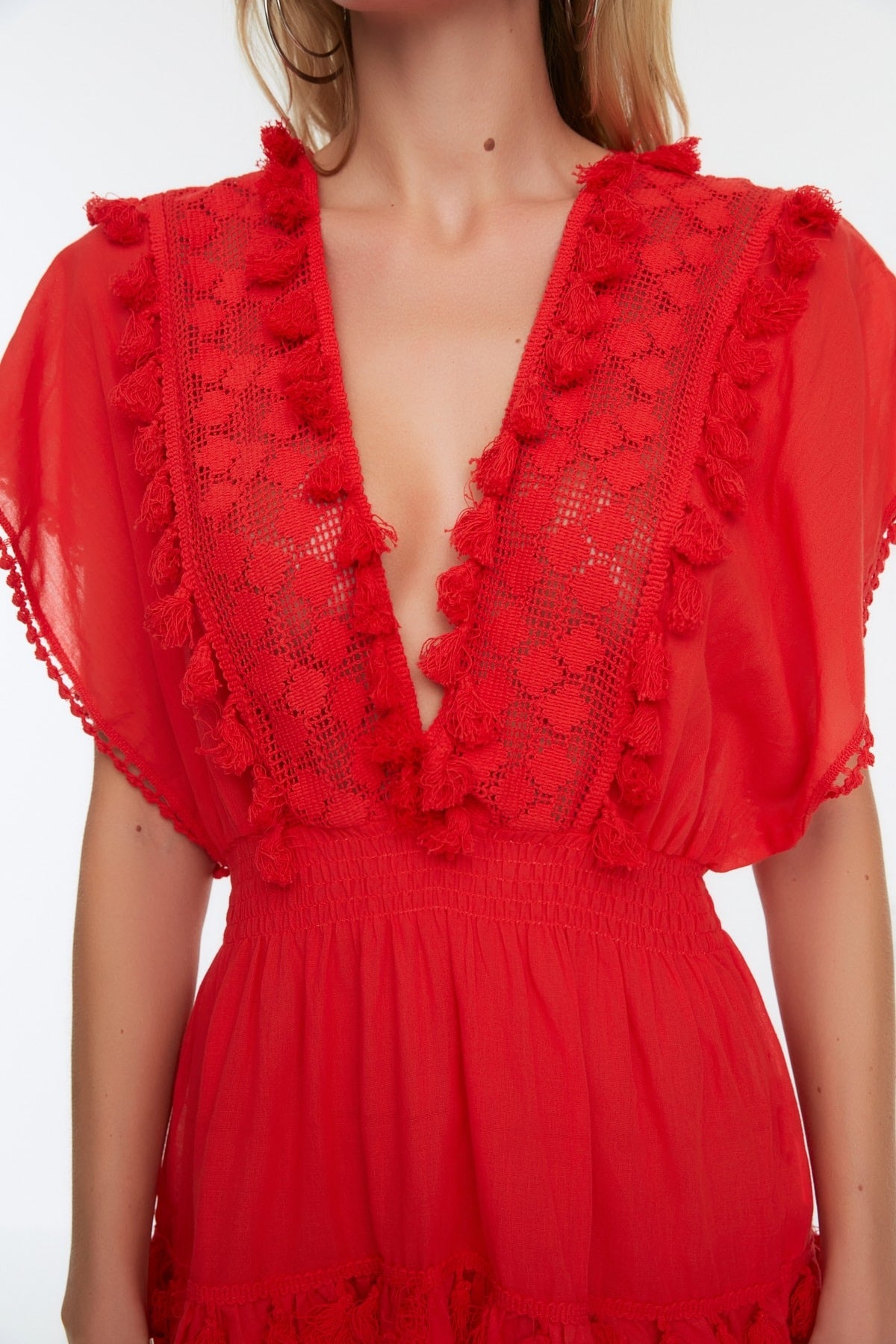 Red Mini Woven Embroidered 100% Cotton Beach Dress