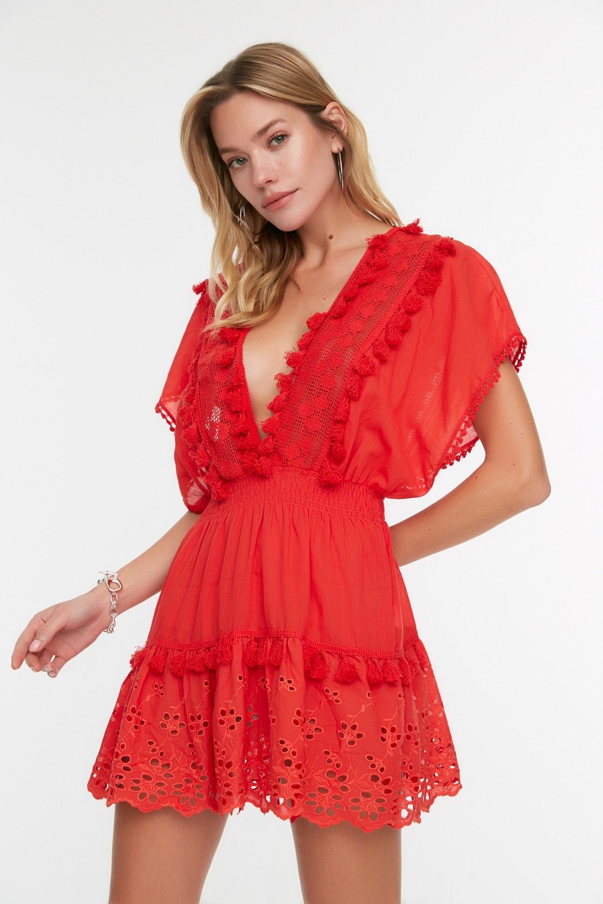 Red Mini Woven Embroidered 100% Cotton Beach Dress