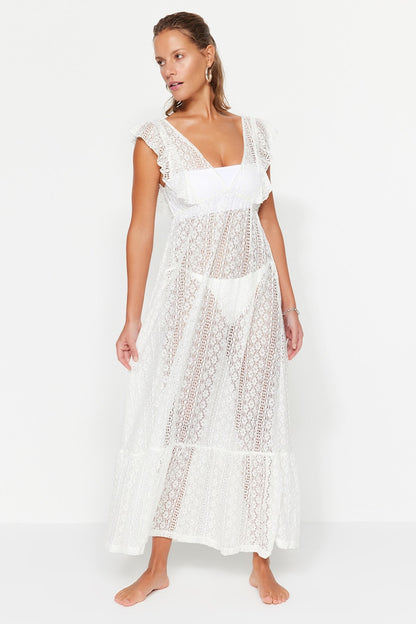 White Maxi Woven Ruffle Beach Dress