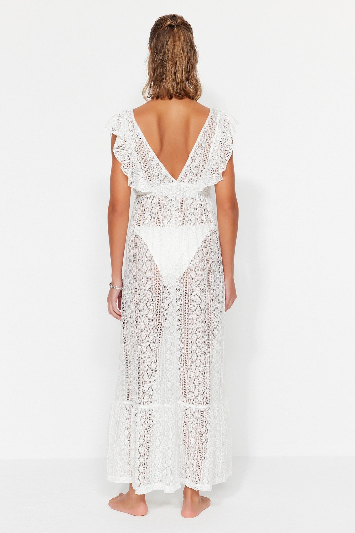 White Maxi Woven Ruffle Beach Dress