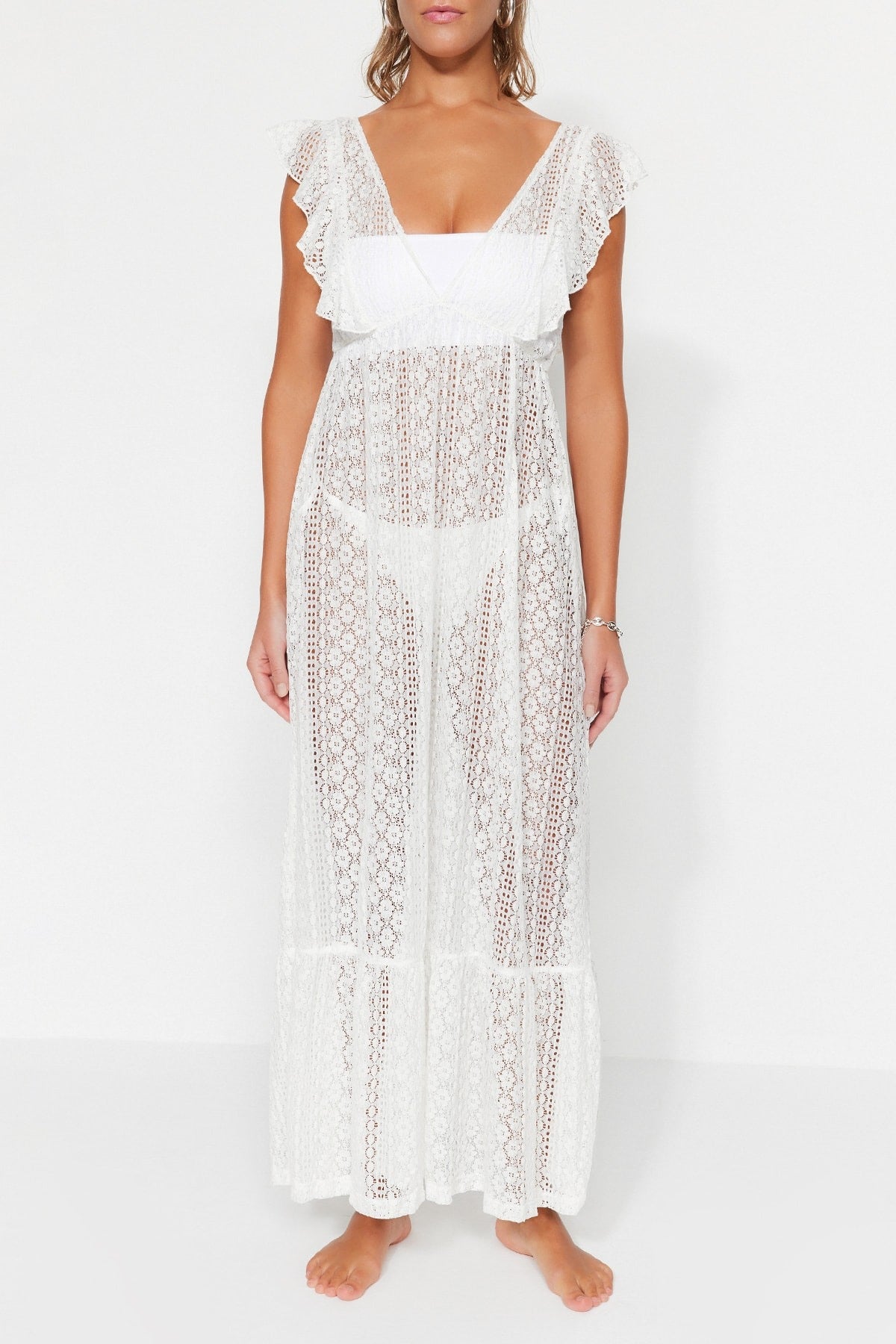 White Maxi Woven Ruffle Beach Dress