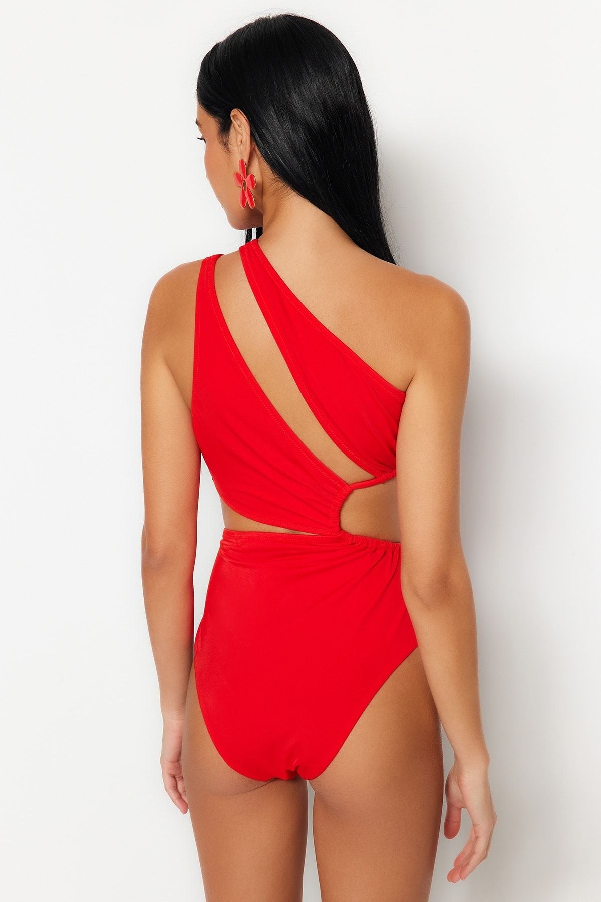 Red One Shoulder Cut Out/Windowed Swimsuit