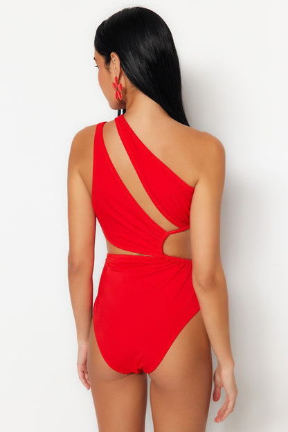 Red One Shoulder Cut Out/Windowed Swimsuit