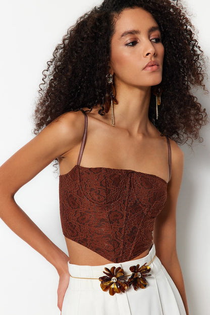 Brown Crop Lined Corset Detailed Lace Bustier