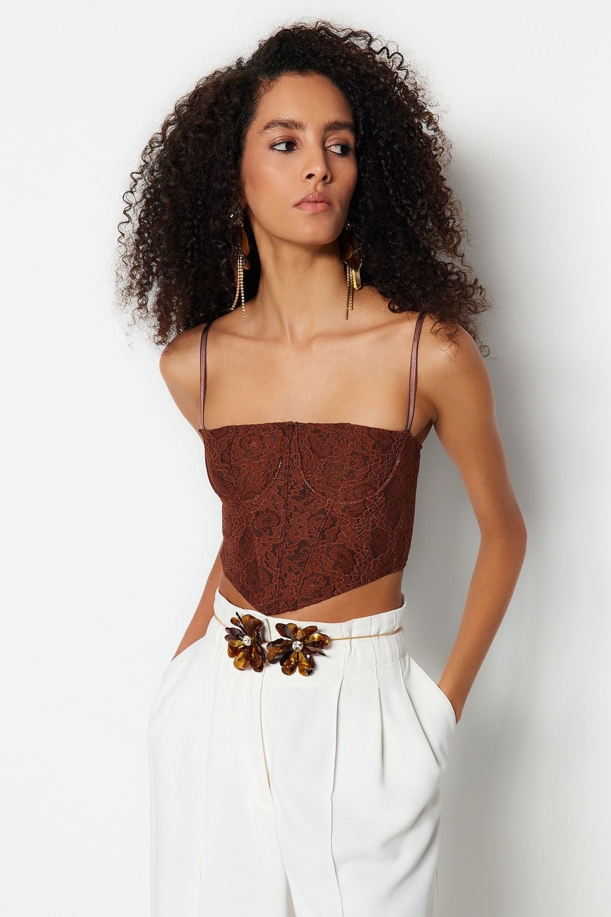 Brown Crop Lined Corset Detailed Lace Bustier