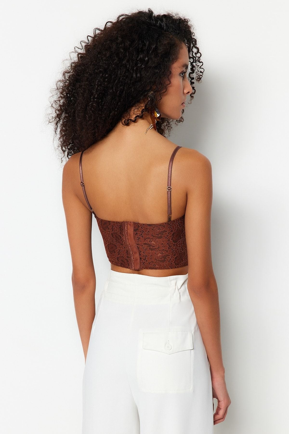 Brown Crop Lined Corset Detailed Lace Bustier