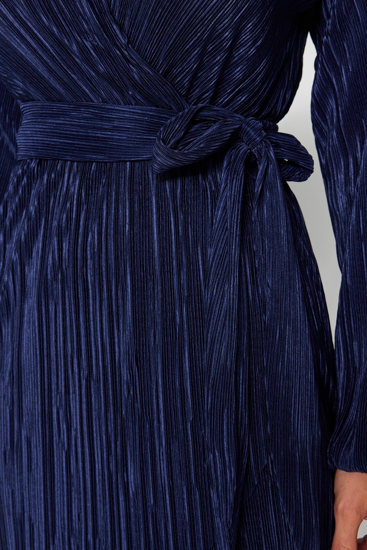 Navy Blue Belted Waist/Skater Knitted Lined Pleated Elegant Evening Dress