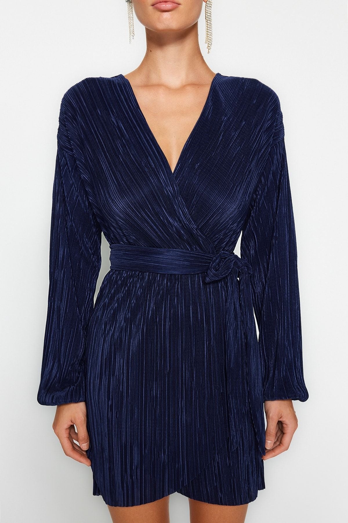 Navy Blue Belted Waist/Skater Knitted Lined Pleated Elegant Evening Dress