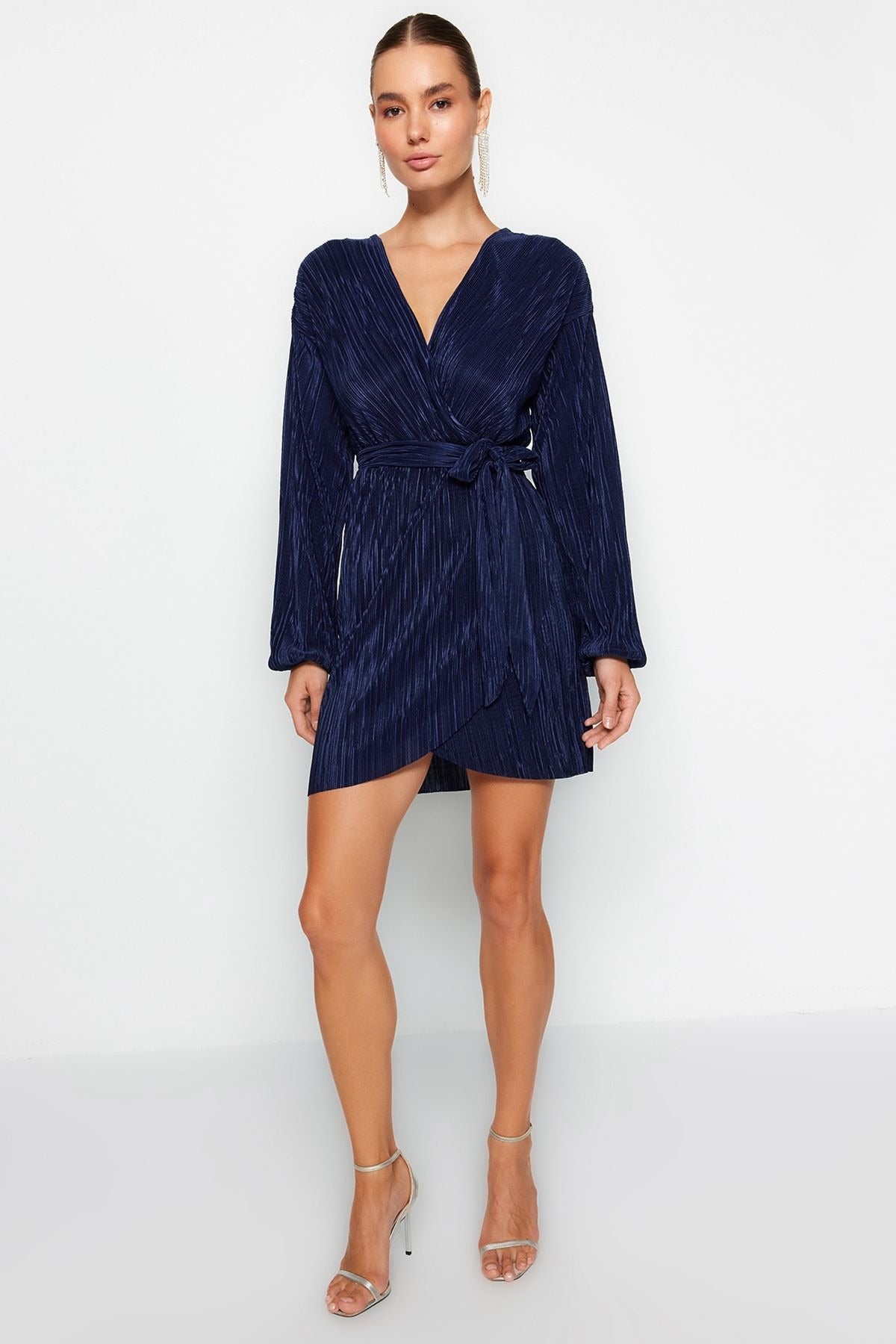 Navy Blue Belted Waist/Skater Knitted Lined Pleated Elegant Evening Dress