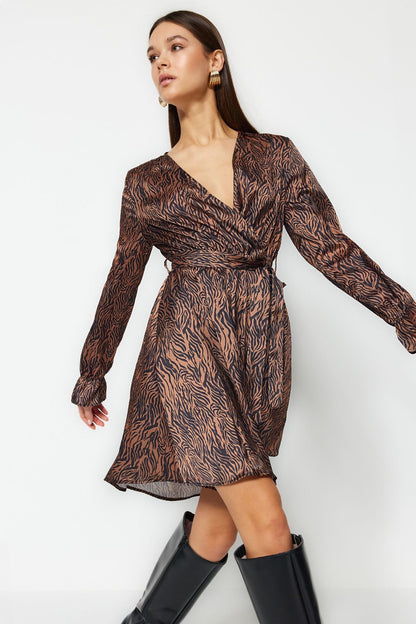 Brown Belted Animal Patterned Double Breasted Collar Woven Dress