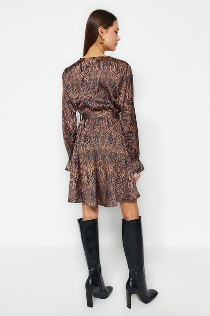 Brown Belted Animal Patterned Double Breasted Collar Woven Dress