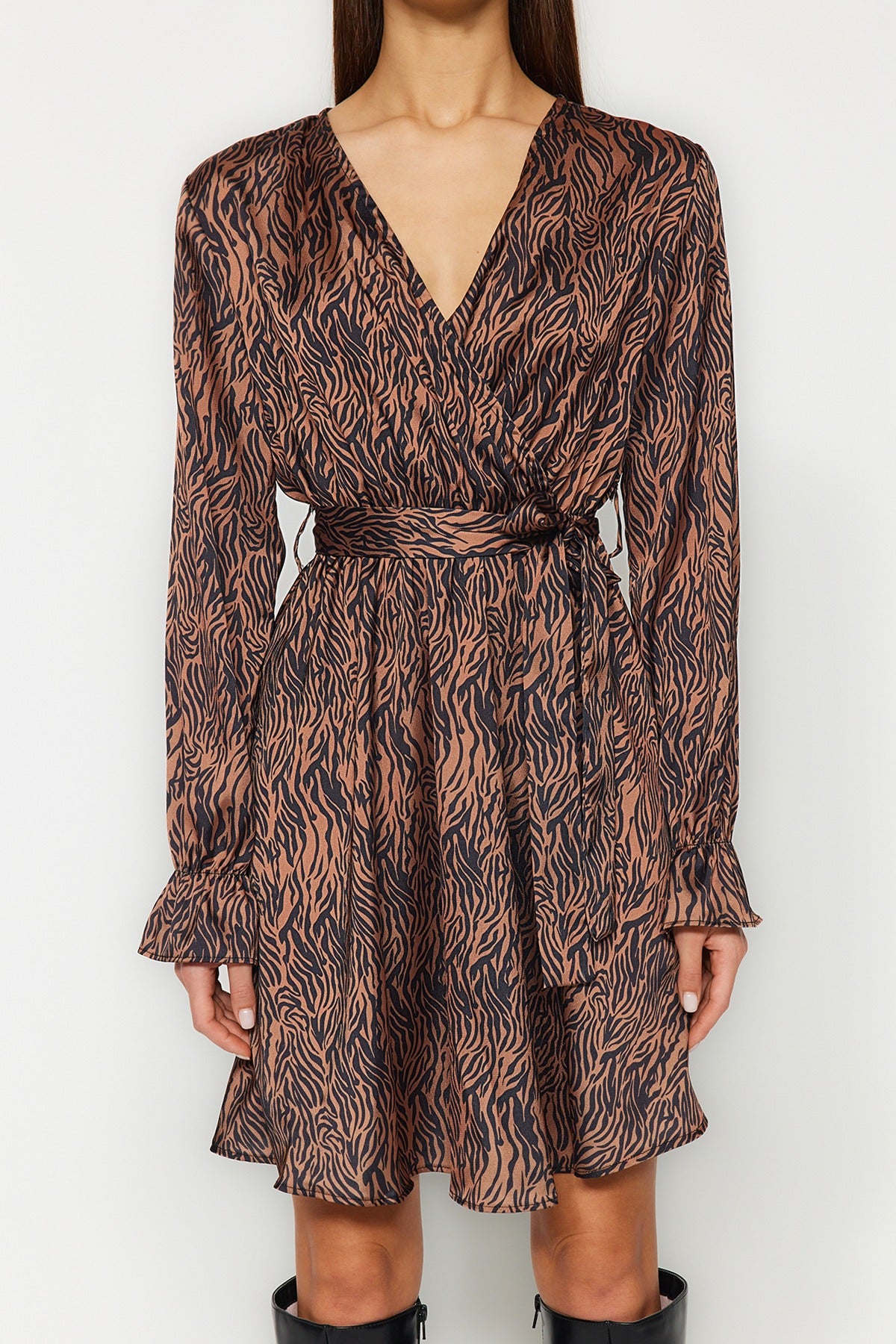 Brown Belted Animal Patterned Double Breasted Collar Woven Dress