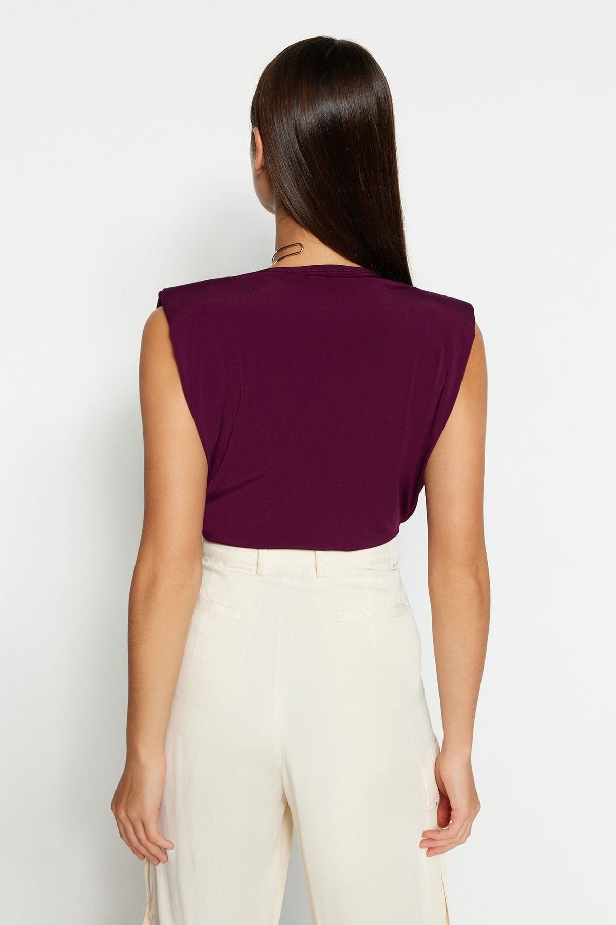 Plum Padded Double Breasted Collar Flexible Snap Fastener Knitted Body