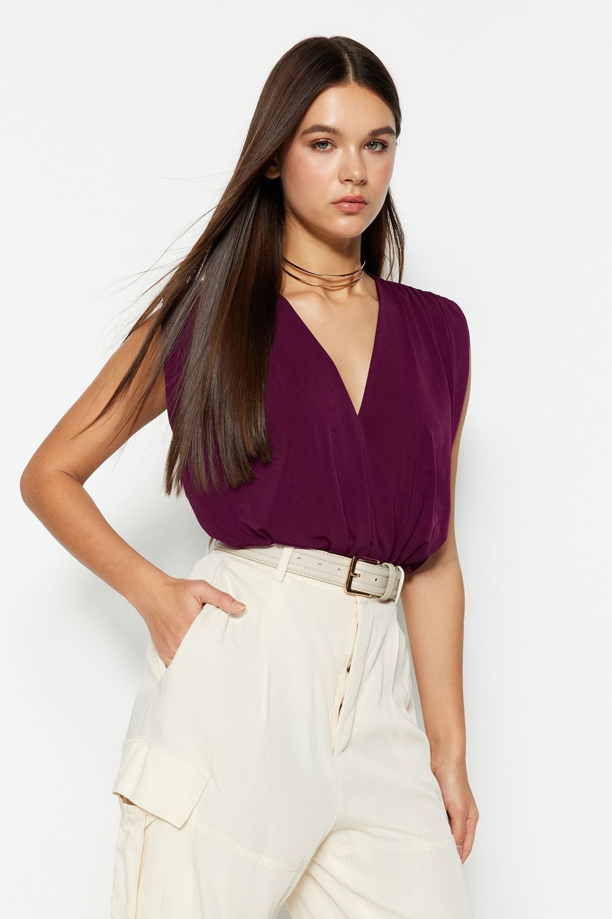 Plum Padded Double Breasted Collar Flexible Snap Fastener Knitted Body