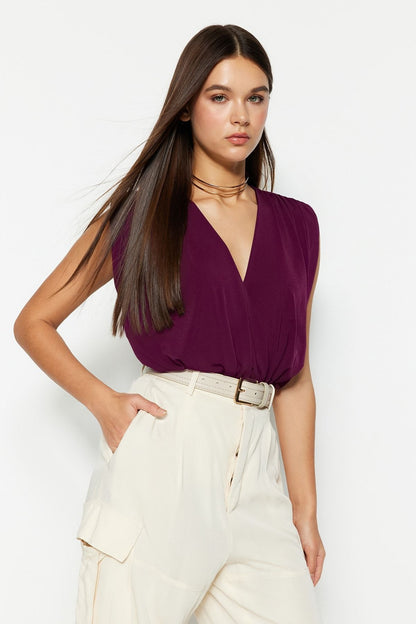 Plum Padded Double Breasted Collar Flexible Snap Fastener Knitted Body