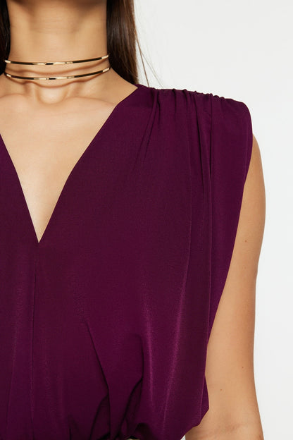 Plum Padded Double Breasted Collar Flexible Snap Fastener Knitted Body