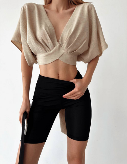 V Neck Tie Detail Blouse Natur