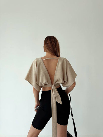 V Neck Tie Detail Blouse Natur
