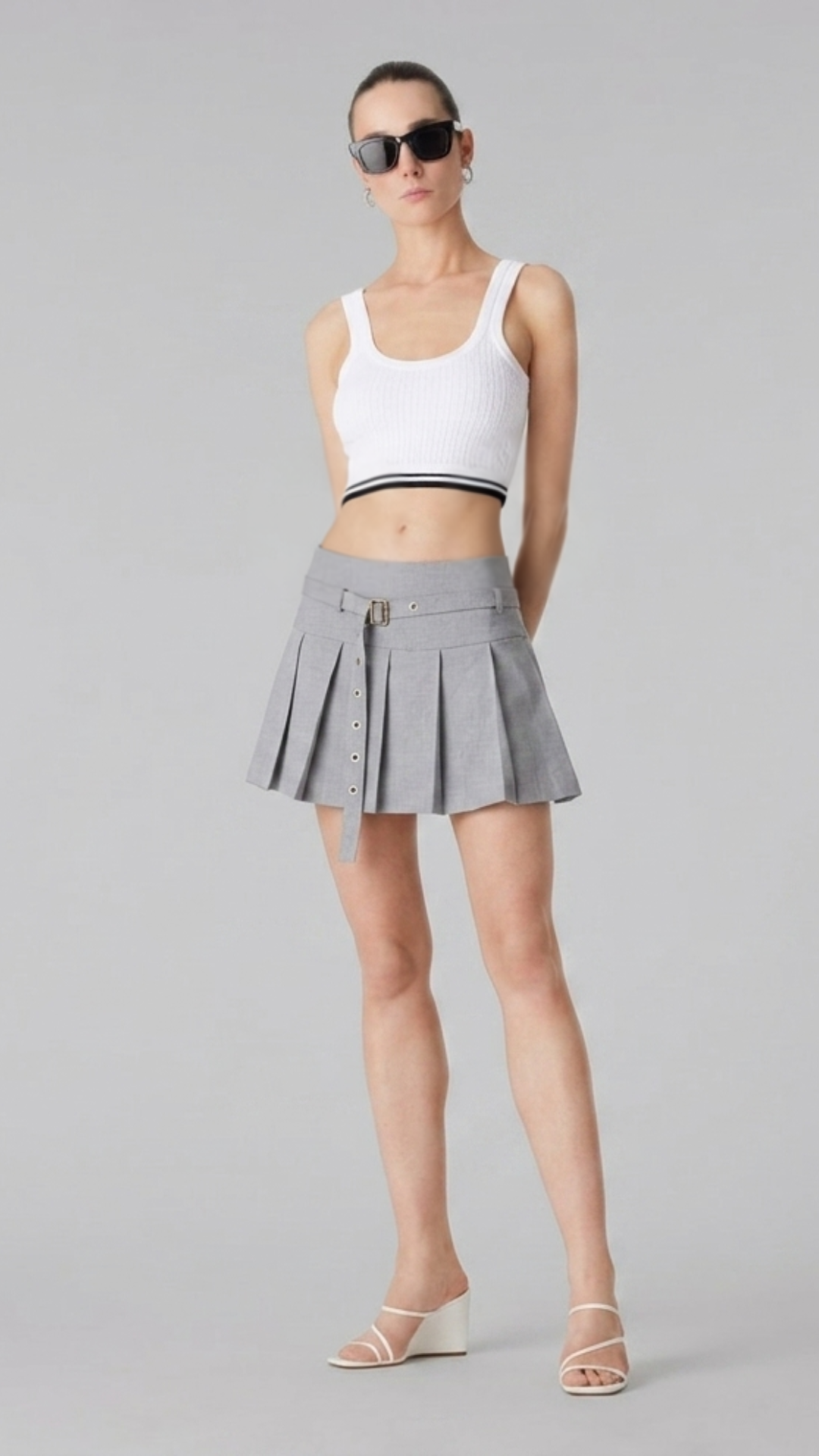 Belted Cotton Grey Skirt | Short