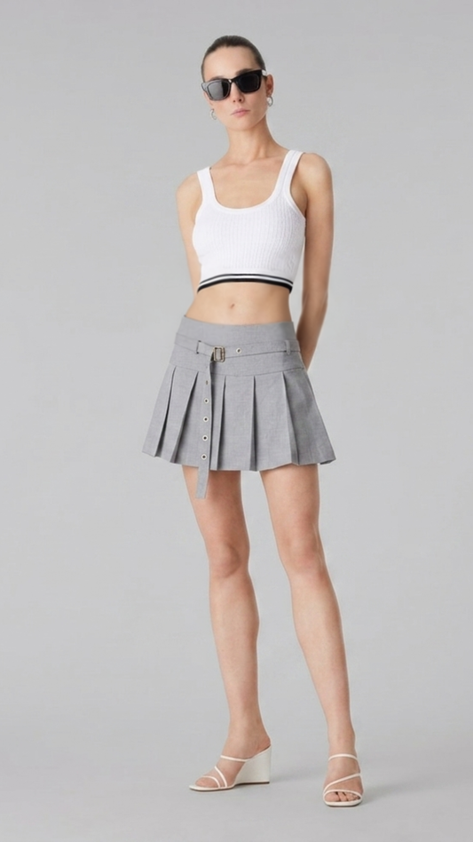 Belted Cotton Grey Skirt | Short
