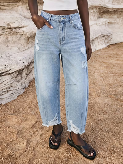 Women's New Non-Stretch Mid-Waist Scimitar Jeans with Distressed Raw