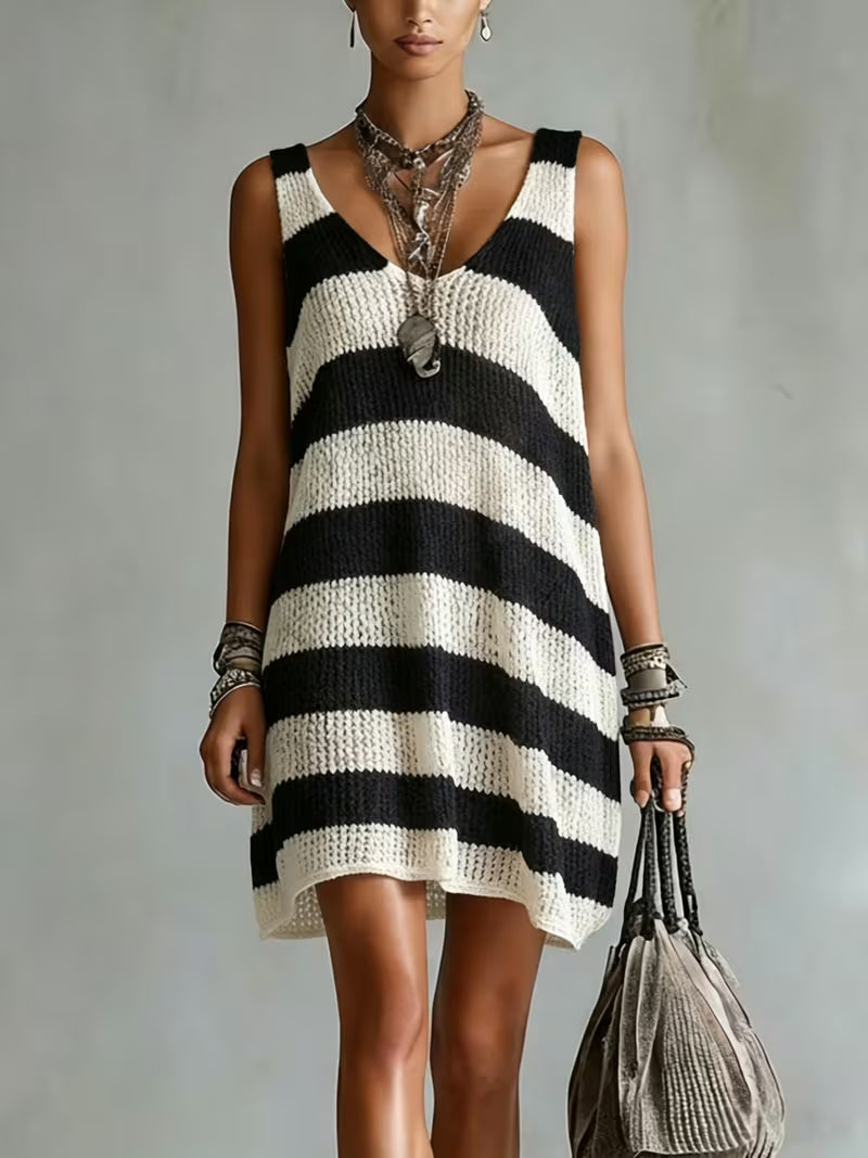 Women'S V-Neck Sleeveless Striped Hollow Short Dress -  Sheer Breathable Loose Fit Summer Beach Vacation Casual Dress