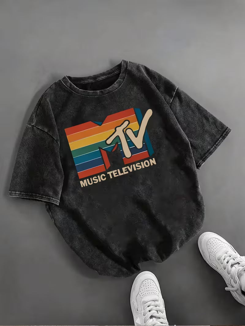 Retro Casual T-Shirt with a Round Neck And Short Sleeves Featuring a Graphic Print of MTV Rainbow Stripes, Perfect for Everyday Wear