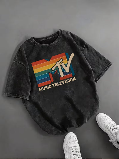 Retro Casual T-Shirt with a Round Neck And Short Sleeves Featuring a Graphic Print of MTV Rainbow Stripes, Perfect for Everyday Wear